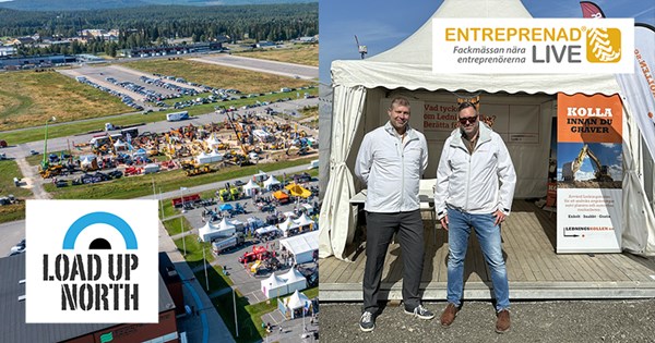 Tvådelad bild där den vänstra visar ett flugfoto av Load Up North och den högra visar tvä män som står fram Ledningskollens tält på Entreprenad Live