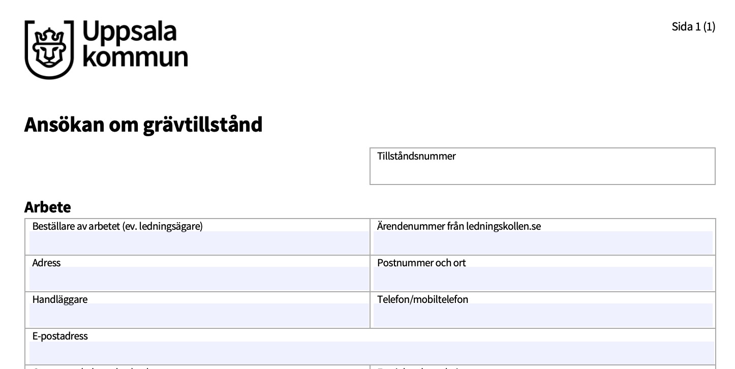 Skärmdump av Uppsala kommuns blankett för grävtillstånd.