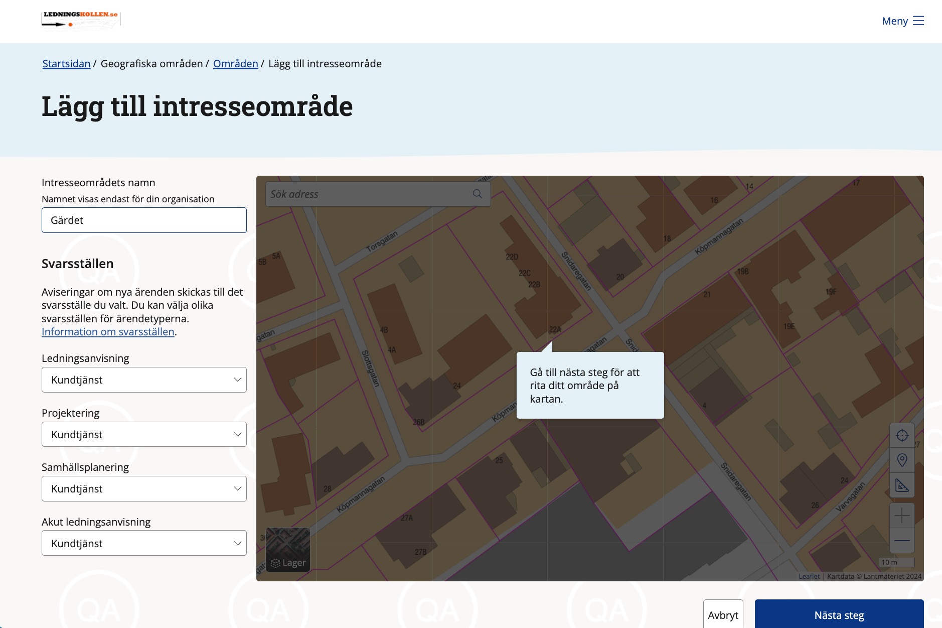 Skärmdump av funktionen Skapa intresseområden med karta till höger