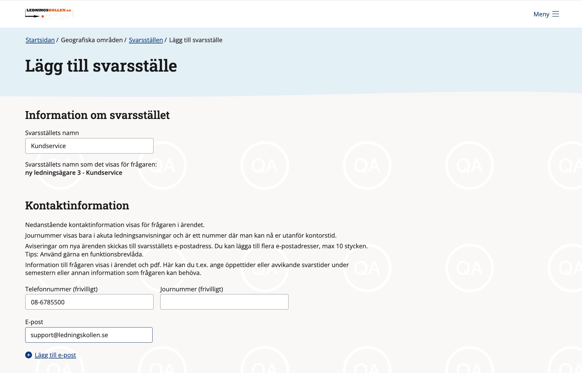 Skärmdump av sida där man lägger till svarsställe