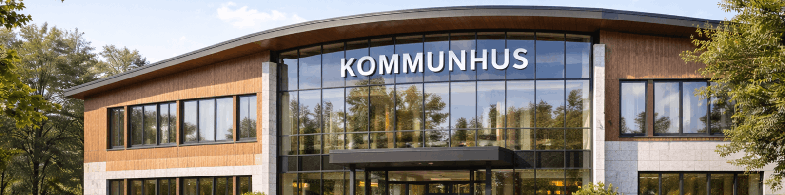 Stor offentlig byggnad med skylten "Kommunhus". AI-genererad.