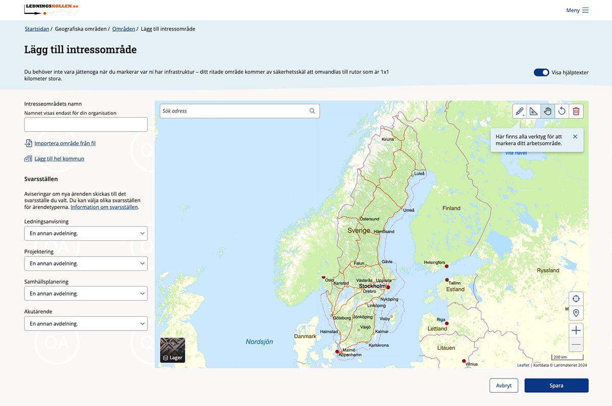 Skärmdump av sida med karta där man markerar var man har ledningar som man vill skydda.