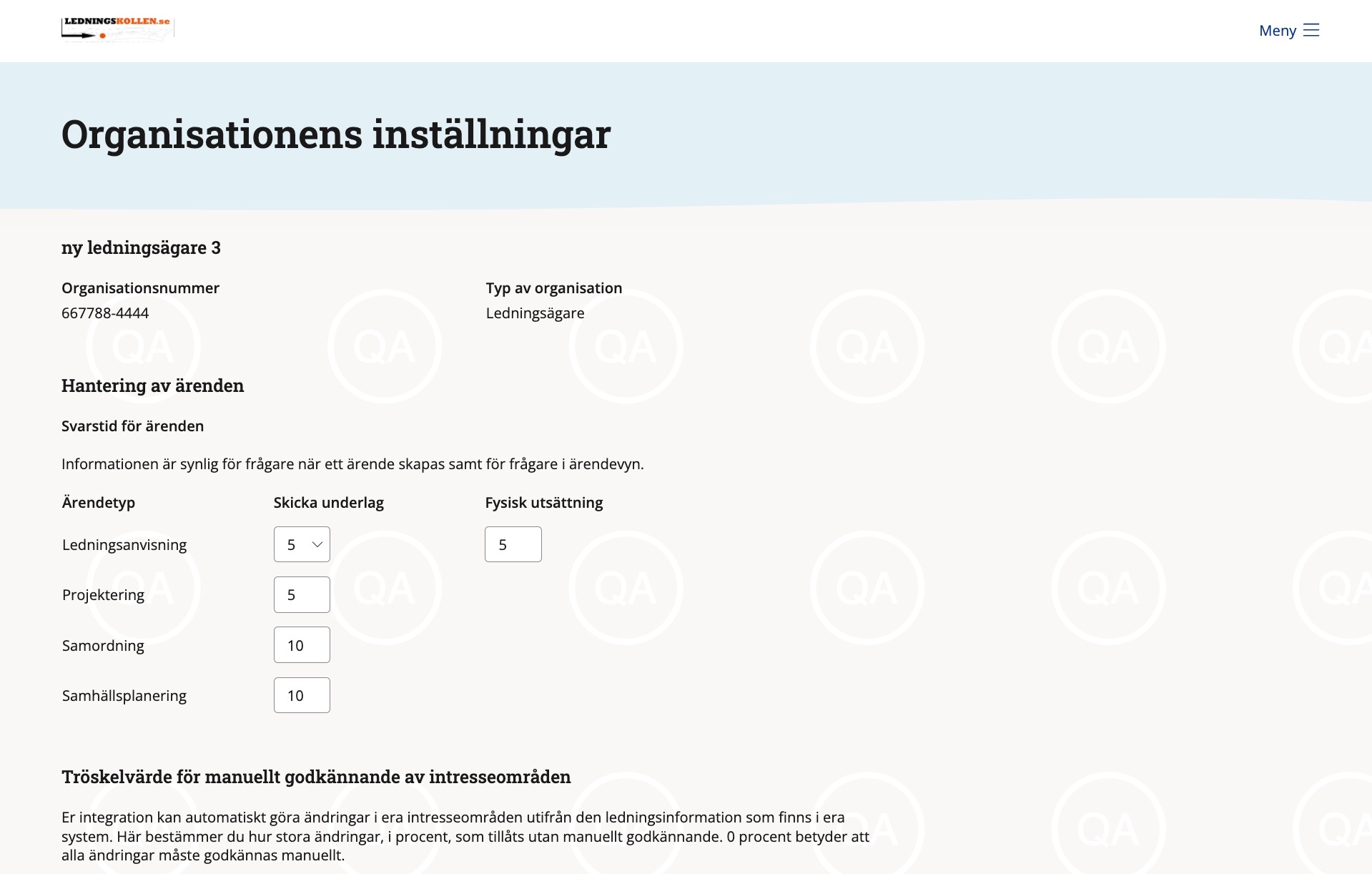 Skärmdump av sidan Organisationens inställningar