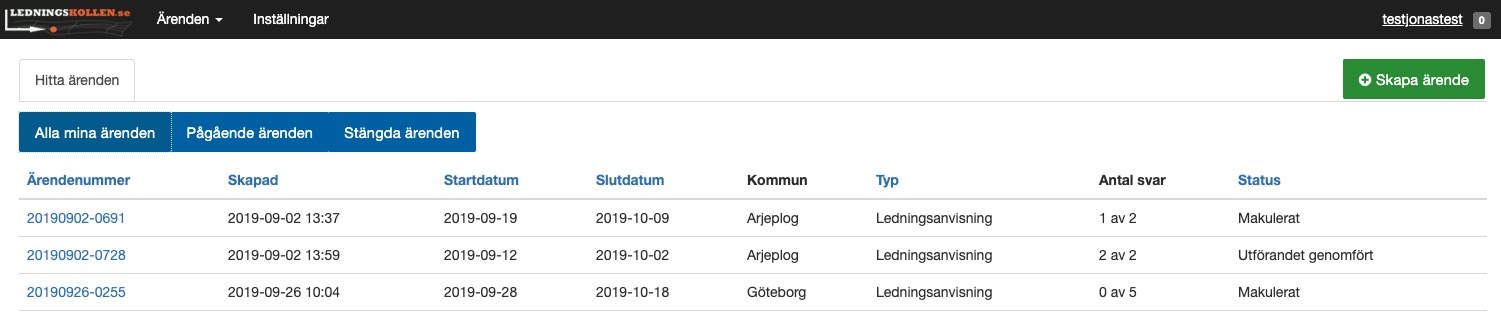 Här visas alla dina ärenden i Ledningskollen. Klicka på ett ärendenummer för att komma till ärendeöversikten.