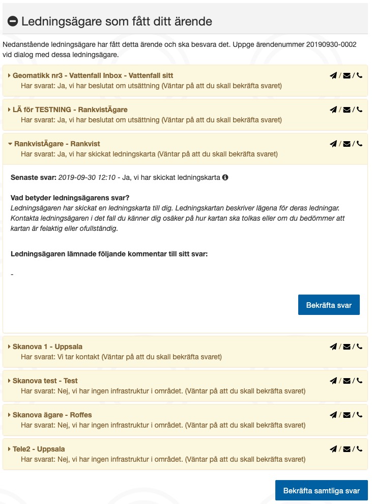 Skärmdumpen är fokuserad på ledningsägarnas svar. Här kan du bekräfta individuella svar eller alla samtidigt.