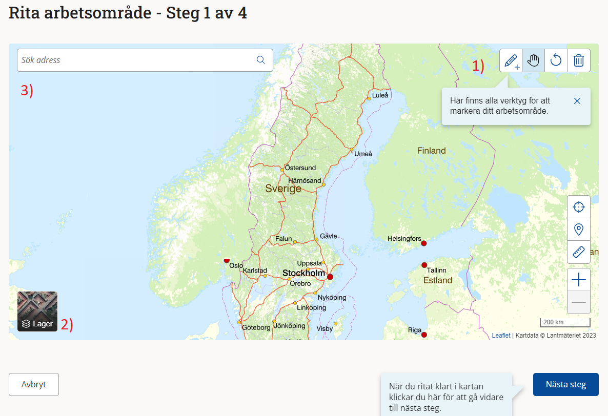 Skärmdump av sidan "Rita arbetsområde", en karta över södra Sverige med möjlighet att zooma och rita i kartan.