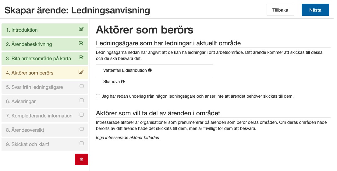 Skärmdump som visar vilka ledningsägare som berörs av ditt ärende. Du kan även välja bort ledningsägare, och då får de inte ditt ärende.