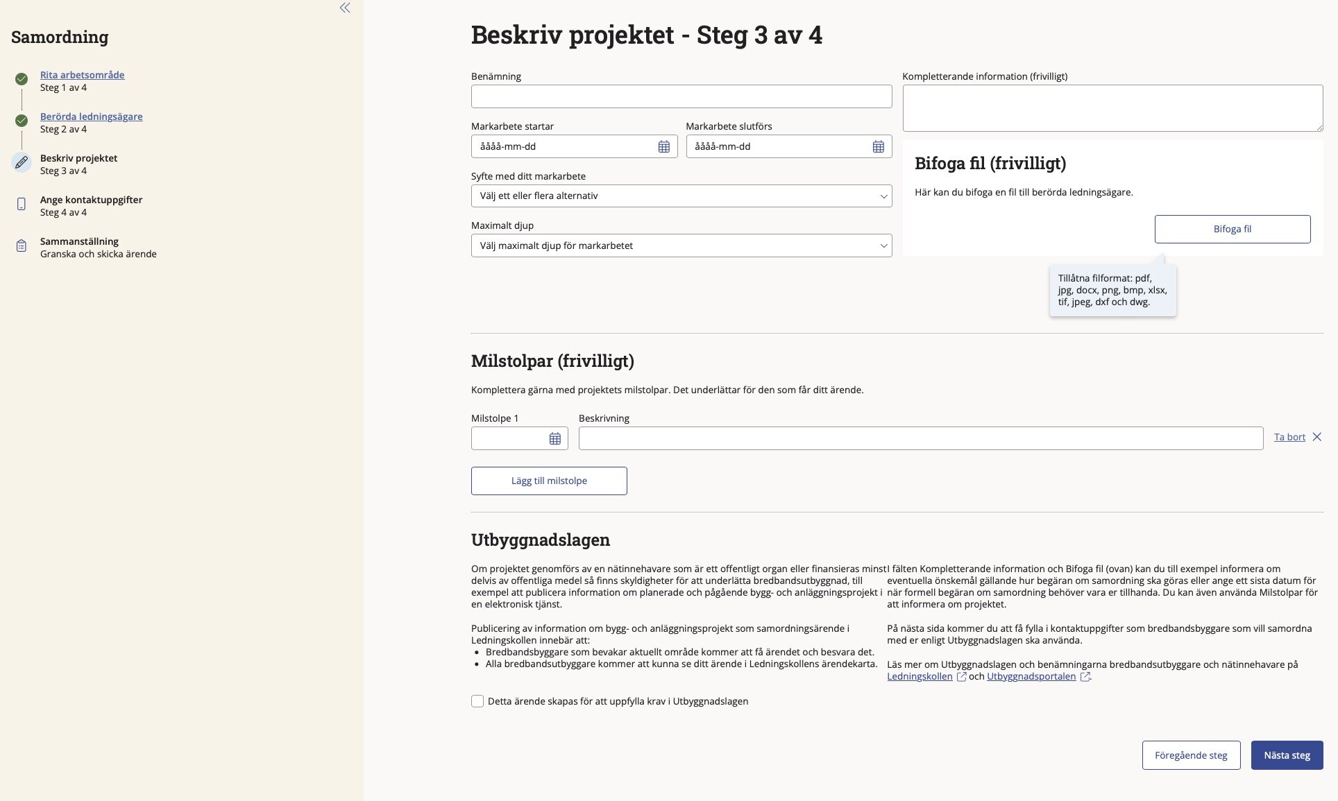 Sida med ett antal formulärfält där projektet ska beskrivas