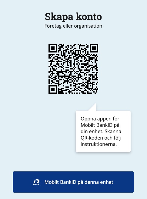 Skärmdump med sidan där du loggar in med mobilt BankID för att skapa kontot.