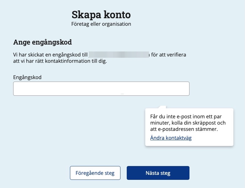 Skärmdump av sidan där du skriver in engångskoden du fick via e-post.