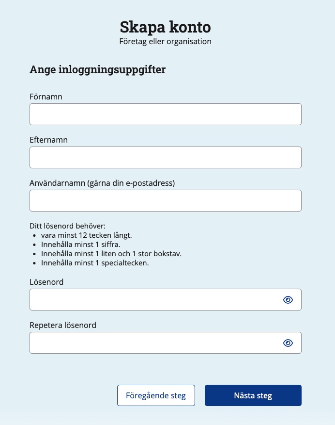 Skärmdump av sidan där du ange förnamn, efternamn, användarnamn och lösenord.