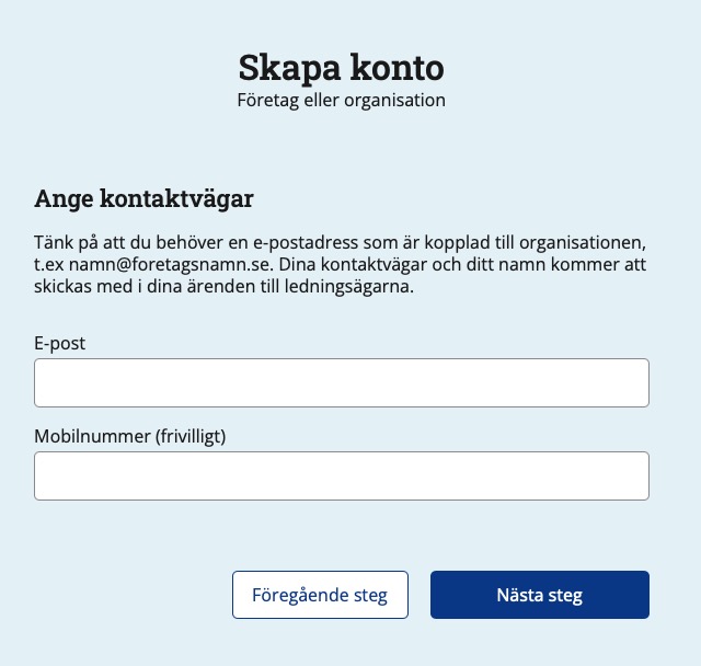 Skärmdump av sidan där du anger din e-postadress och gärna ditt mobilnummer.