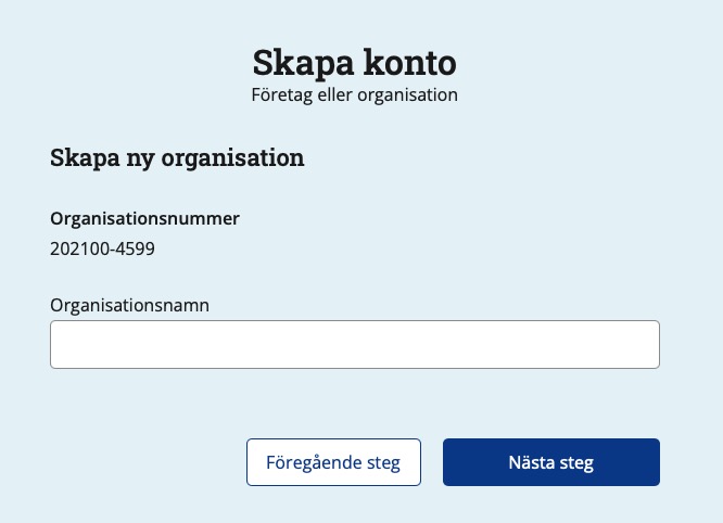 Skärmdump av sidan där du anger vilket namn organisationen ska ha.