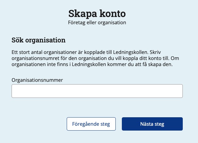 Skärmdump av sidan där du anger organisationens organisationsnummer.