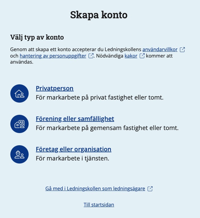 Skärmdump av sidan där du väljer vilken typ av konto du vill skapa.