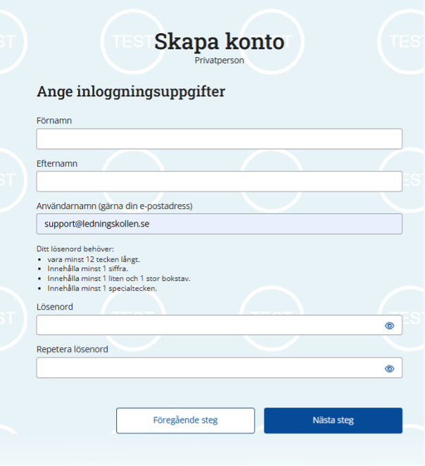 Skärmdump av sidan där du anger för- och efternamn, användarnamn och lösenord.