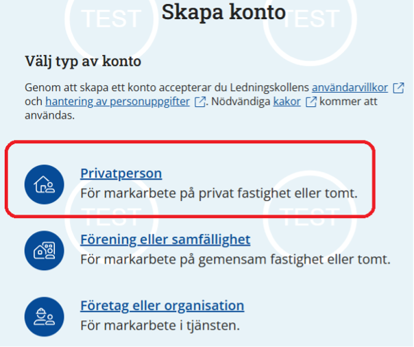Skärmdump av sidan där du väljer kontotyp. Välj Privatperson.