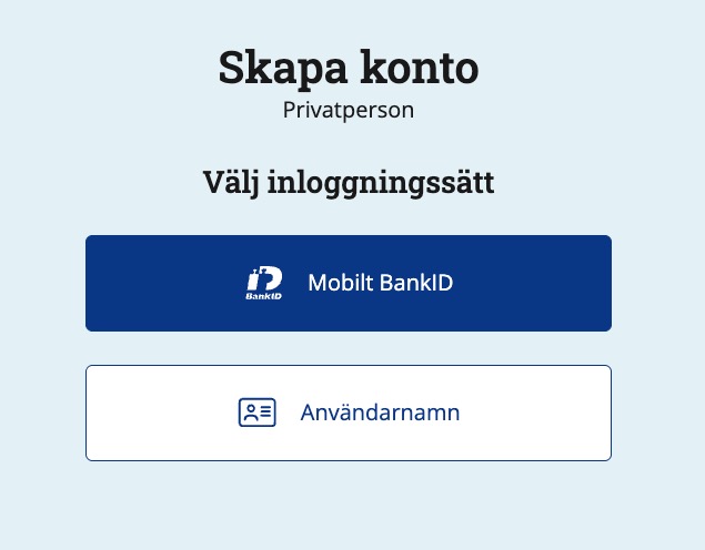 Skärmdump av sidan där du väljer om du vill logga in med mobilt BankID eller med användarnamn och lösenord.
