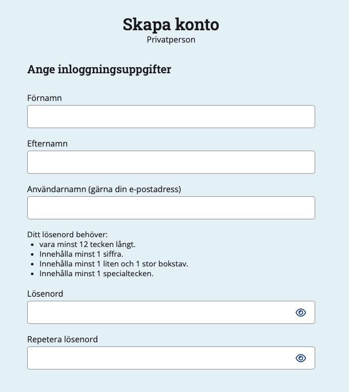 Skärmdump av sidan där du anger för- och efternamn, användarnamn och lösenord.