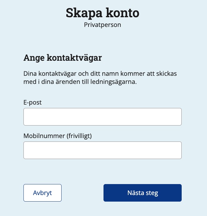 Skärmdump av sidan där du anger din e-postadress och ditt mobilnummer.