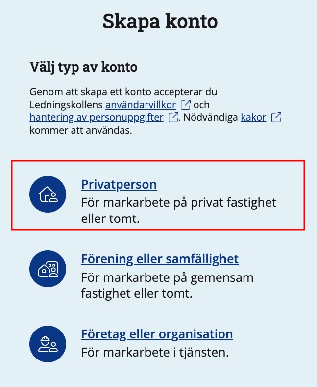 Skärmdump av sidan där du väljer kontotyp. Välj Privatperson.