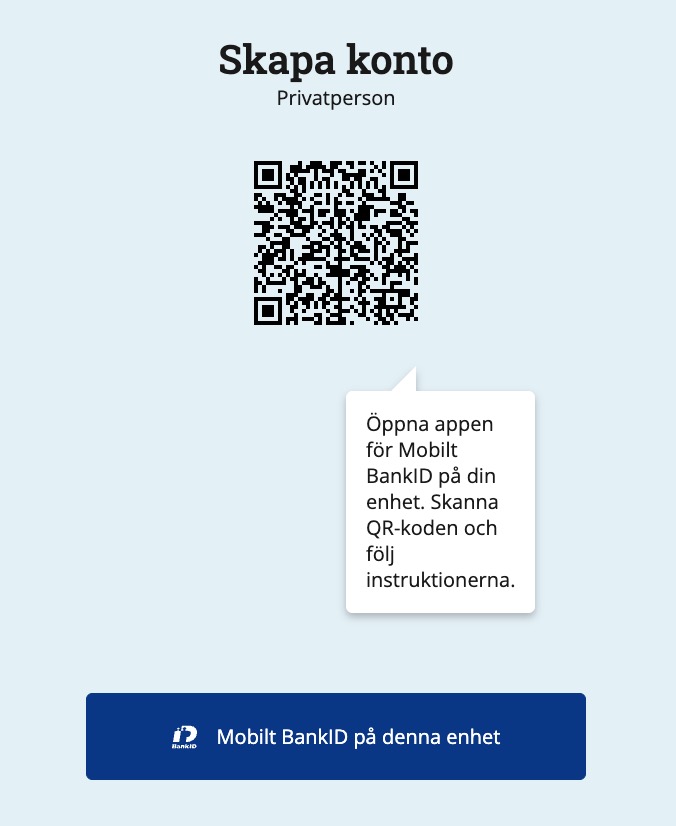 Skärmdump av sidan där du ska skanna en QR-kod på din mobila enhet med BankID-appen.