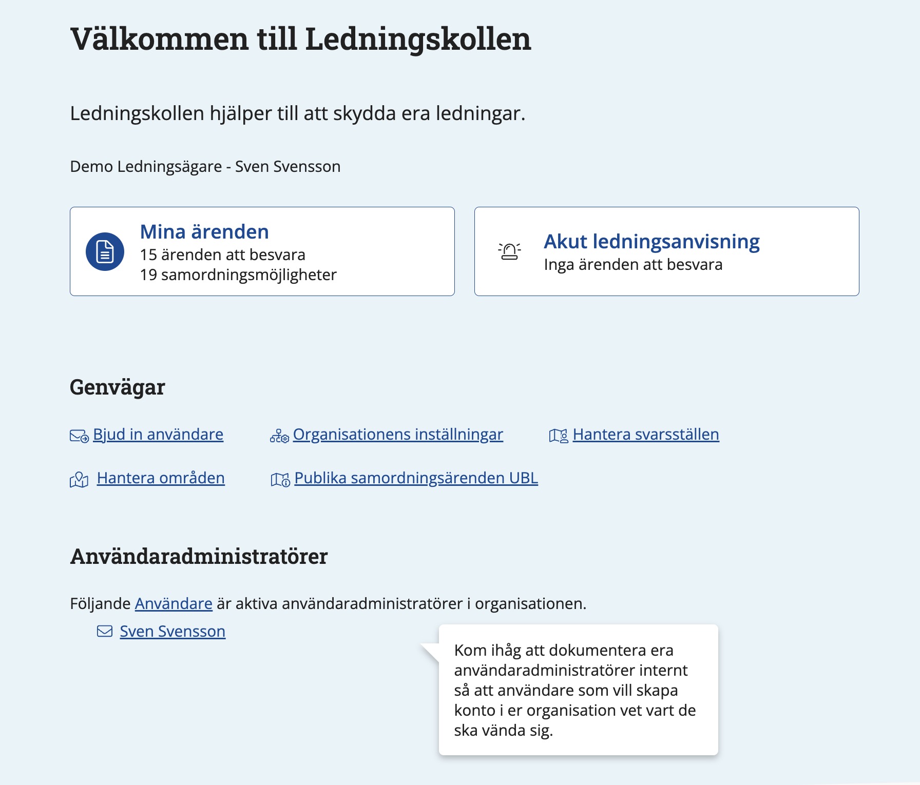 Skärmdump av dashboard i Ledningskollen
