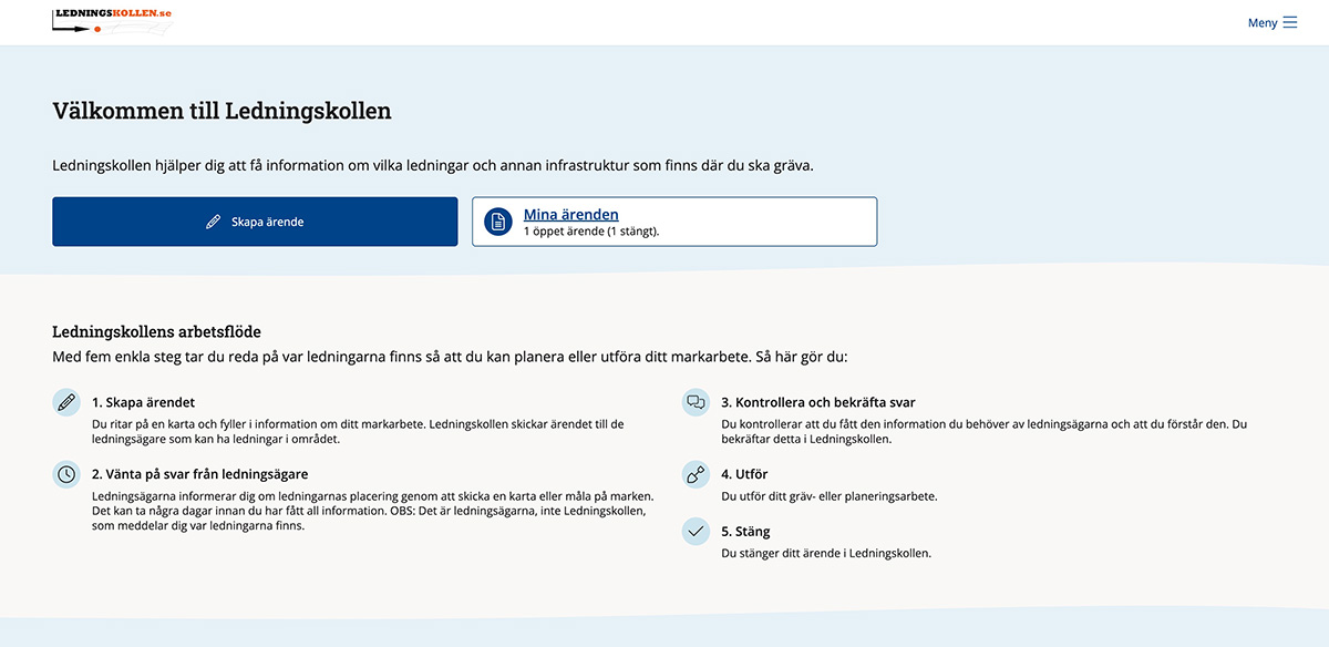 Skärmdump av startsida med val att göra nytt ärende eller hantera redan skapade ärenden.