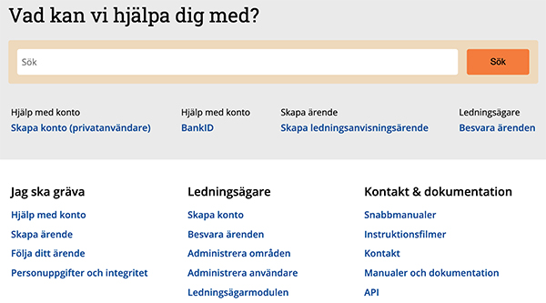 Skärmdump av nya supportstartsidan. Sökruta överst, sedan utvalda frågor och underst tre kolumner med kategorier.