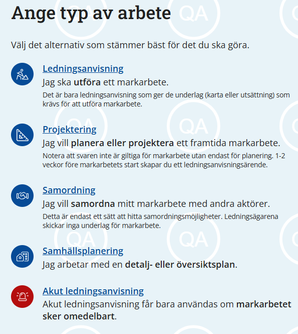 Skärmdump från Ledningskollen som visar en lista på de ärendetyper som kan användas