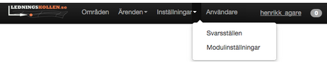 Ledningskollens meny, här visas undermenyerna till inställningar. Inloggad som Ledningsägare admin