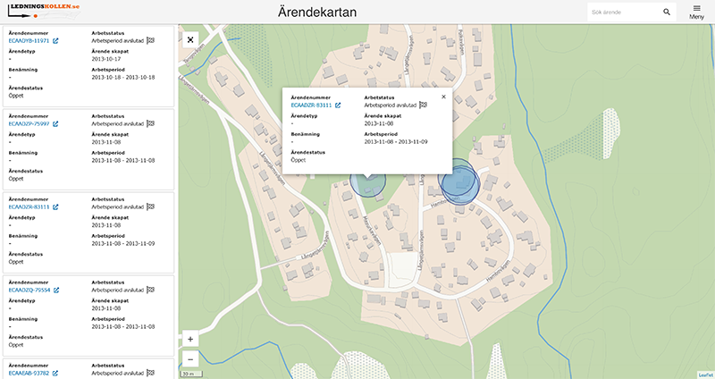 Skärmdump från ärendekartan. Spalt med ärenden till vänster och karta med markerat ärende till höger.