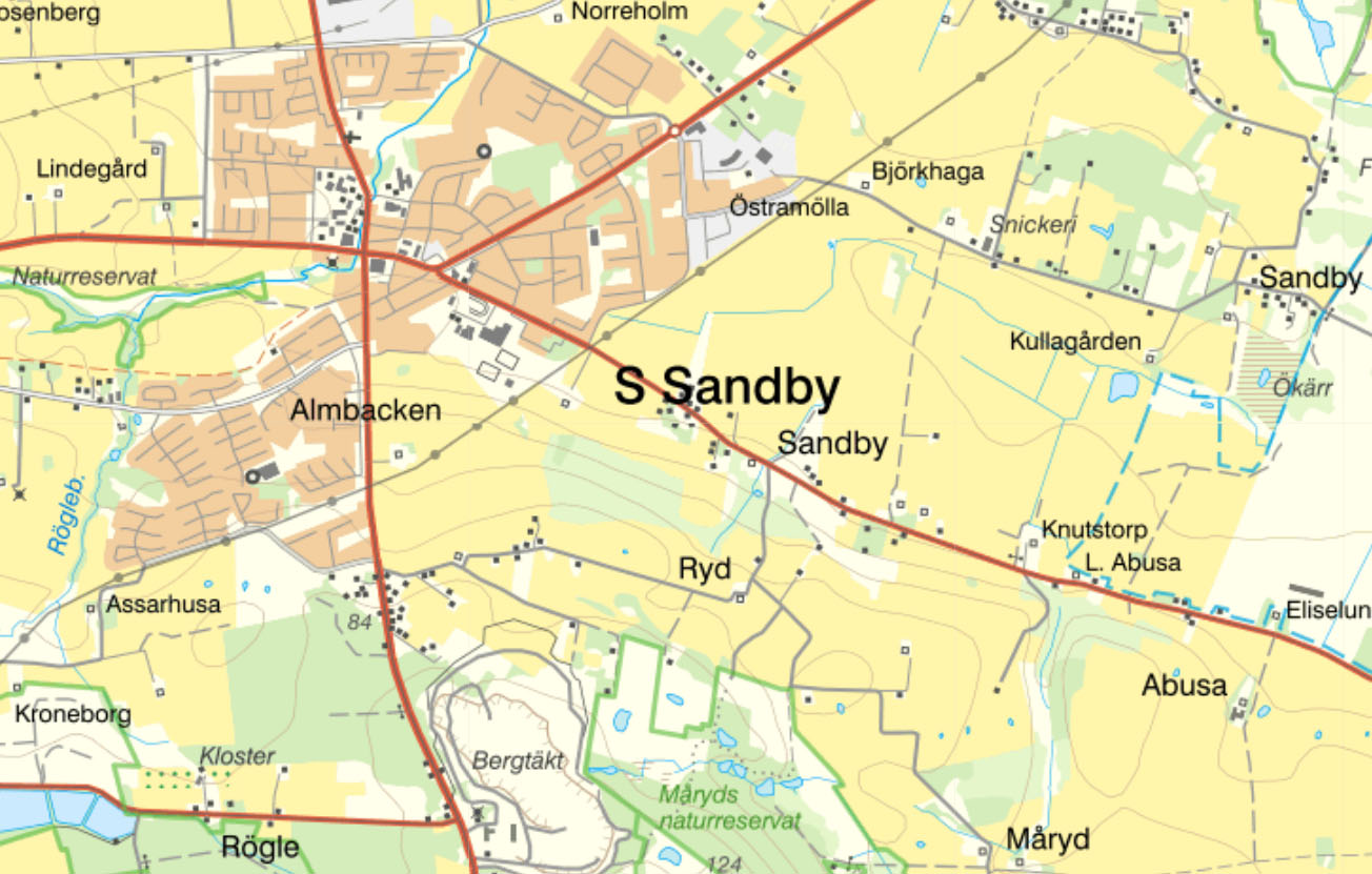 Skärmdump av kartbild föreställande Södra Sandby i Skåne, med omnejd