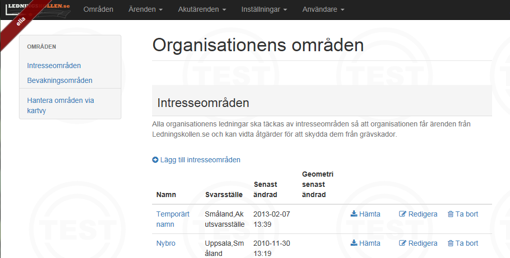 Från admingränssnittet: organisationens områden