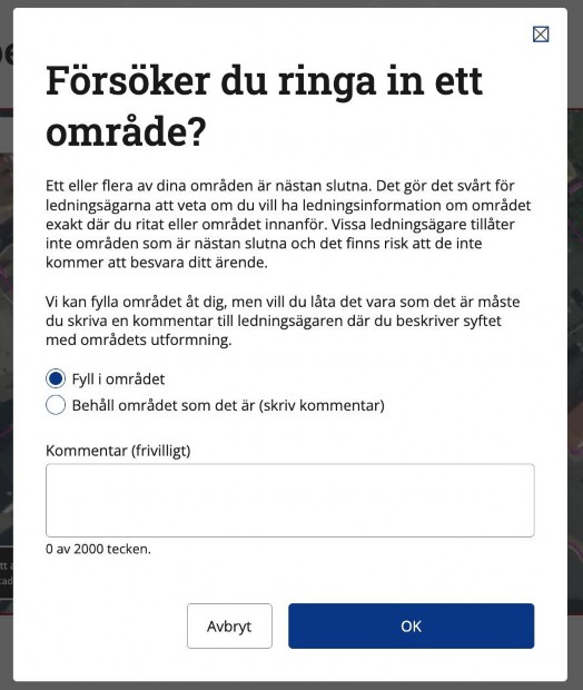 Skärmdump av vy som visas när man nästan ringat in ett område